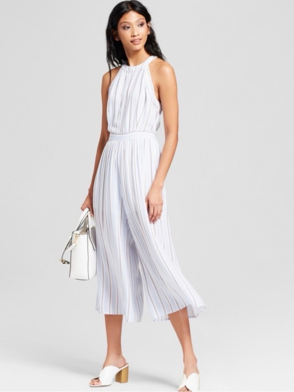 Sleeveless White Striped Culotte Jumpsuit
